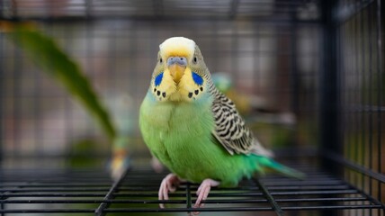 A Lovebird Sitting on a cage 
