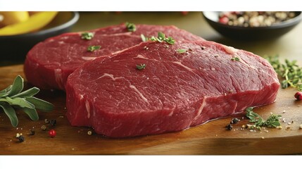 A close-up view of raw beef steak, showcasing its rich marbling, ready for grilling, surrounded by fresh herbs.