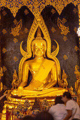 Background of morning light in the religious tourism area in Phitsanulok, Thailand. Wat Phra Si Rattana Mahathat Woramahawihan has an old church and beautiful Buddha statues.