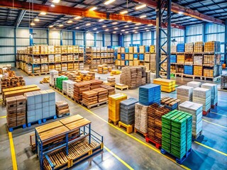 A bird&rsquo;s-eye perspective showcases a bustling warehouse filled with neatly stacked pallets, exemplifying efficient logistics, organized inventory 