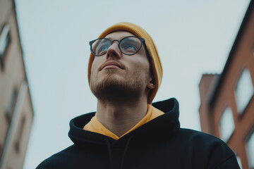 A young man in a yellow beanie gazes upward in an urban alley during early evening hours, inspired by city life and surroundings