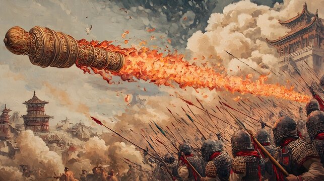 Ornate Ceremonial Fire Lance in Chaotic Ancient Chinese Battle Amidst Smoke and Clashing Steel