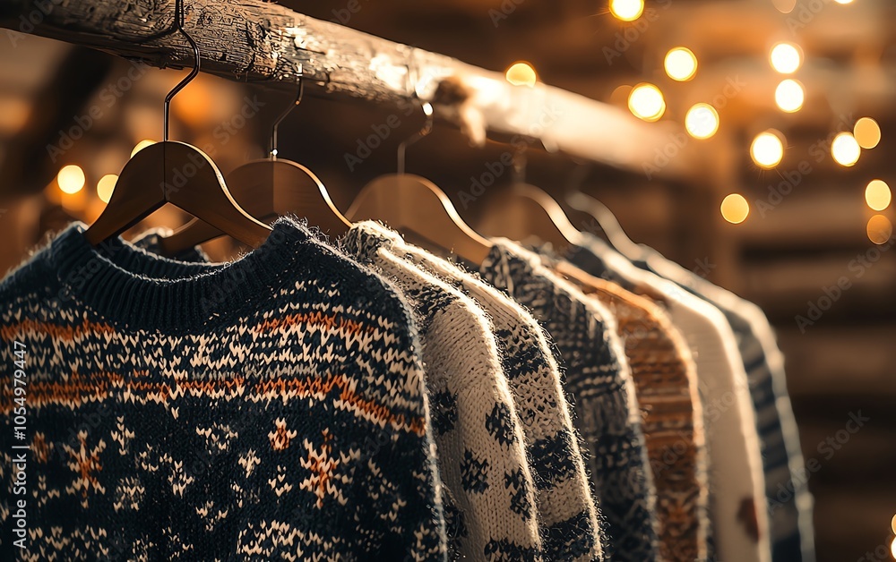 Wall mural cozy knitted sweaters hanging on a rack, warm ambiance with soft lights creating a welcoming atmosph