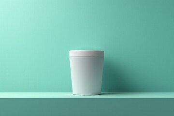 Minimalist white cup placed on a mint-green shelf against a textured background
