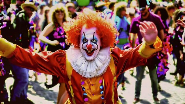 male clown wearing colorful costumes and make-up, dancing in the middle of a crowd of people