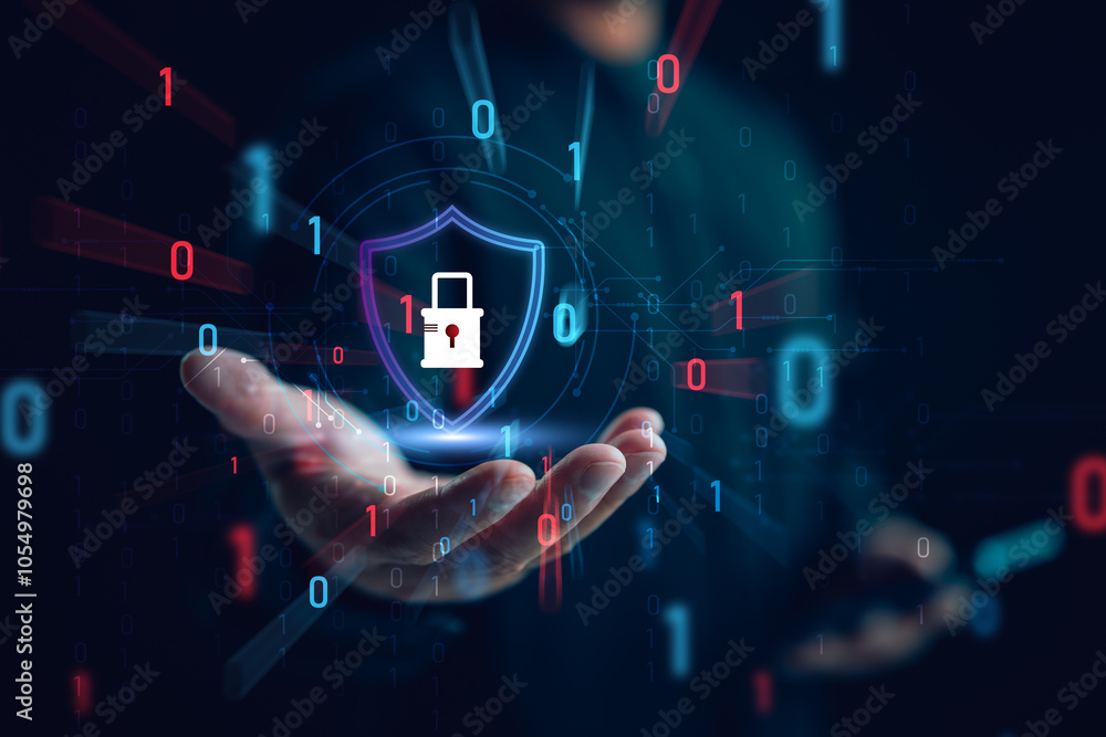 Poster cybersecurity and privacy concepts to protect data. lock icon and internet network security technolo