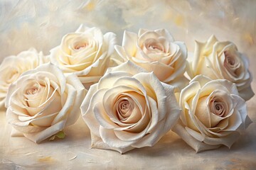 White canvas with cream beige rose flowers in oil painting