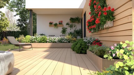 A modern light-wood terrace, with vibrant green plants and colorful flowers decorating the side