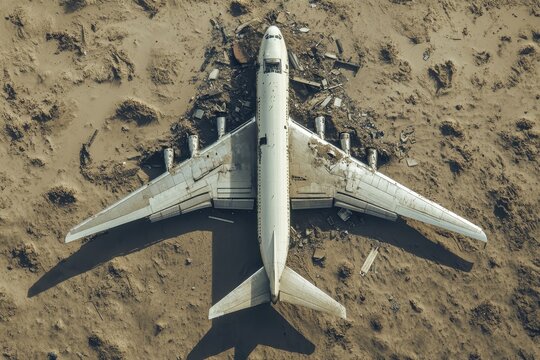 taken from above, a solitary airplane, abandoned in a desolate desert landscape. - Powered by Adobe