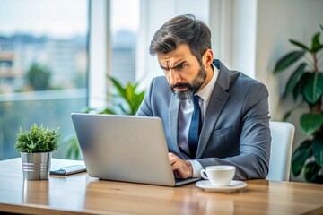 Fototapeta premium A man in a suit is typing on a laptop in front of a potted plant