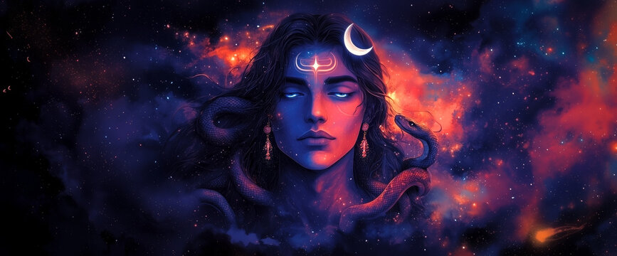 Virabhadra in galxy The Glorious Face  a fierce form of the Hindu god Shiva, He is created by the wrath of Shiva, with tripund, snake and moon on head, shiva wallpaper 4k