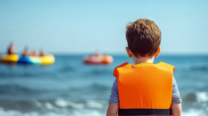 Fototapeta premium Pensive Child by the Ocean with Lifebuoys in Background