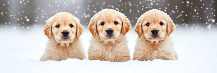 Obraz premium Serene Winter Scene with Adorable Golden Retriever Puppies