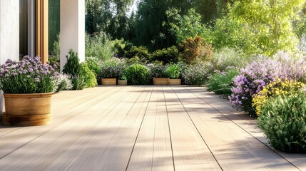 Obraz premium A spacious light-wood terrace, with green plants and flowers decorating the side wall,