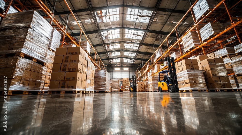 Poster a busy warehouse with stacked pallets ready for distribution during the daytime, showcasing efficien