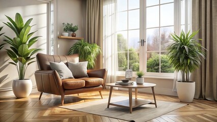 A cozy armchair adorned with brown cushions, an exotic plant, and a white coffee table by the window creates a stylish, comfortable atmosphere for home decor inspiration.