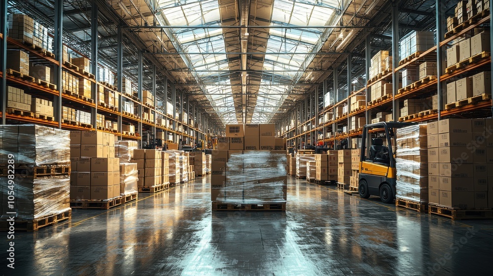 Poster a busy warehouse with stacked boxes and a forklift operating in the afternoon light streaming throug