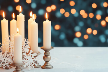 Magical Candlelit Scene with Snowflakes and Bokeh Effect