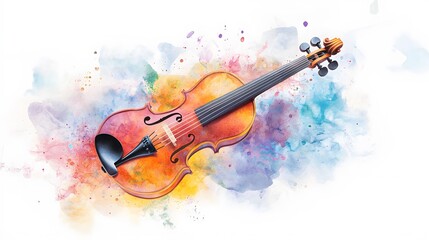 Vibrant violin surrounded by colorful splashes