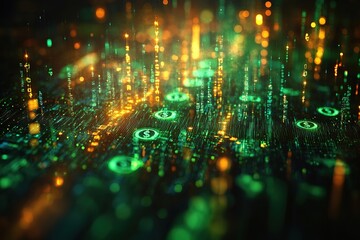 Obraz premium Abstract digital background with glowing green and yellow lights.