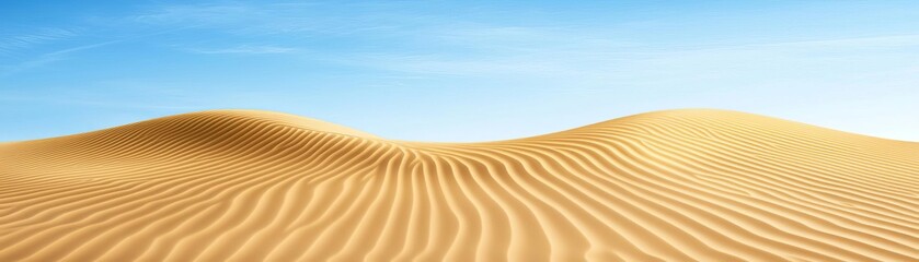 Expansive sand dunes under a clear blue sky, showcasing the beauty of a desert landscape with gentle undulating patterns.