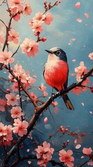 A vibrant bird perched on a cherry blossom branch, surrounded by petals.