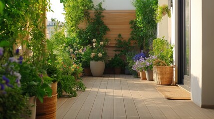 A tranquil terrace with light wood flooring, green plants, and flowers on the side wall,