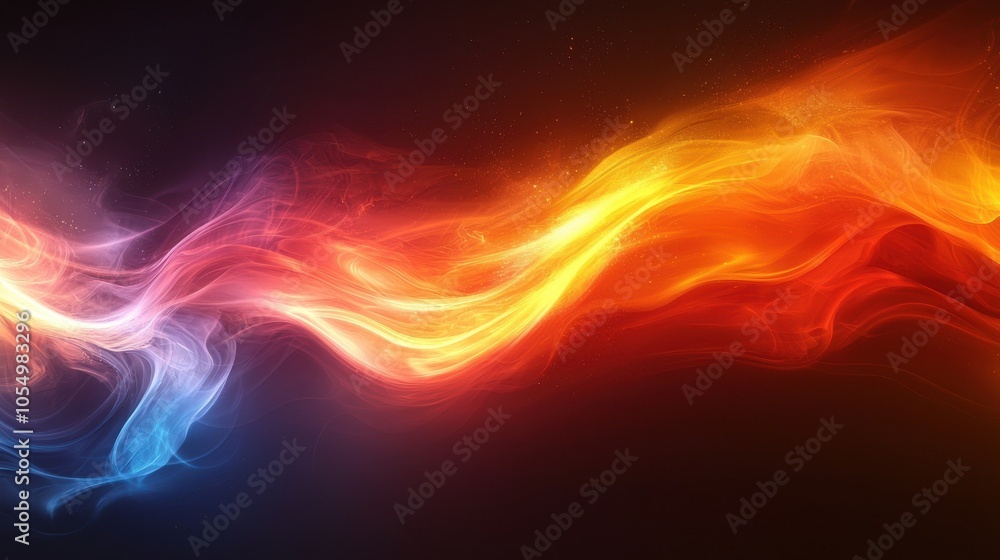 Poster abstract swirling colors blend in vibrant shades of blue, orange, and red against a dark background 