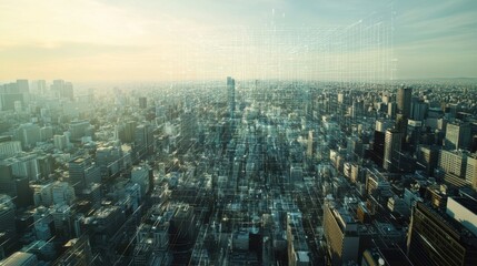 Naklejka premium Aerial view of a modern city with a digital grid overlay, symbolizing the power of Generative AI