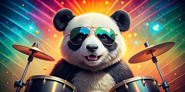 Adorable panda rocking out on drums, sporting stylish sunglasses. This vibrant, playful scene captivates kids and music enthusiasts alike with its charming, serious drummer vibe.