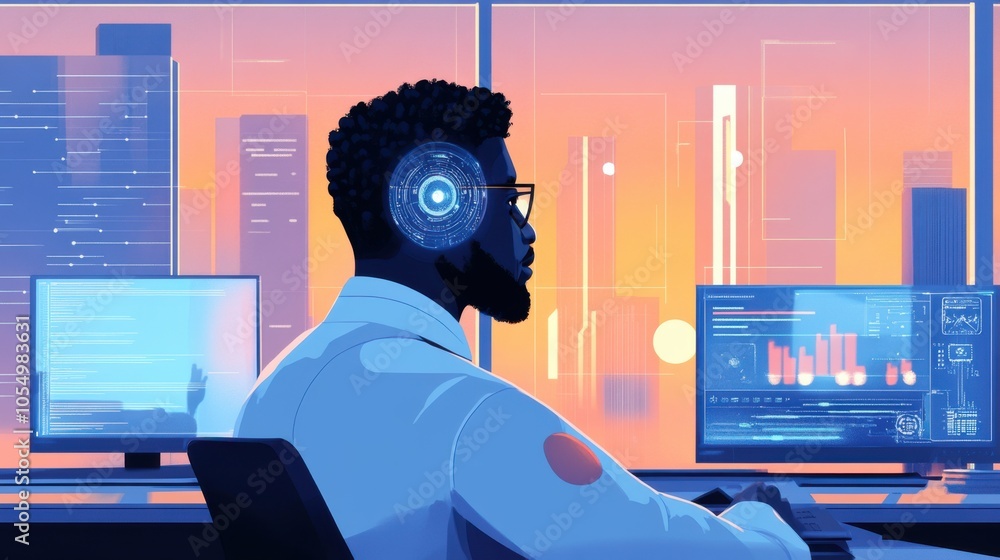 Poster african american developer designing ai systems for a self-learning virtual entity,