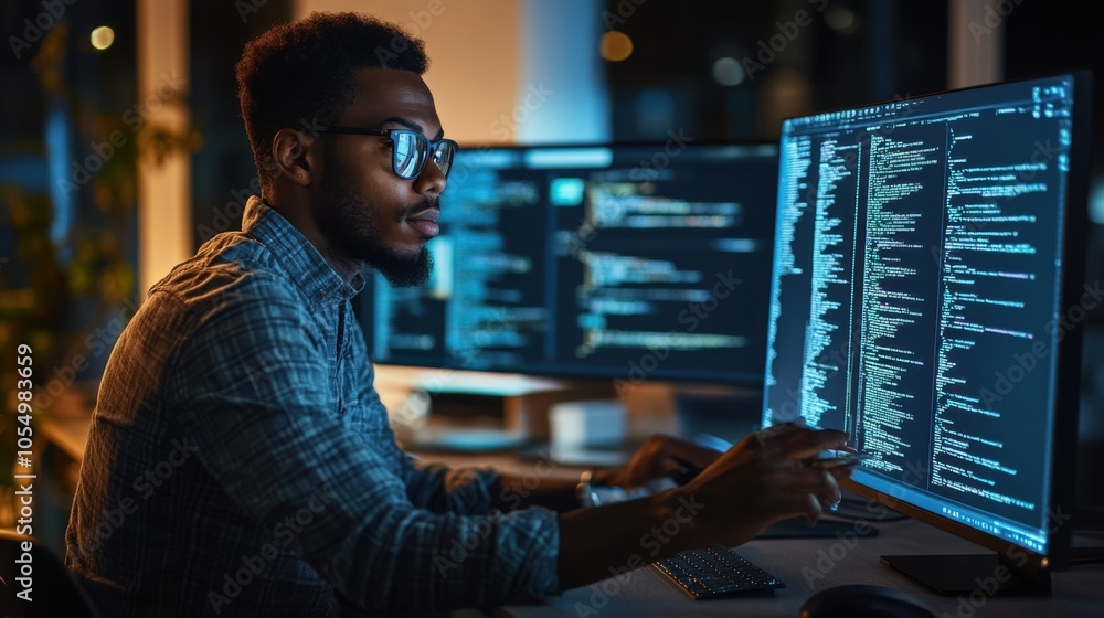 Poster african american developer designing ai systems for a self-learning virtual entity,