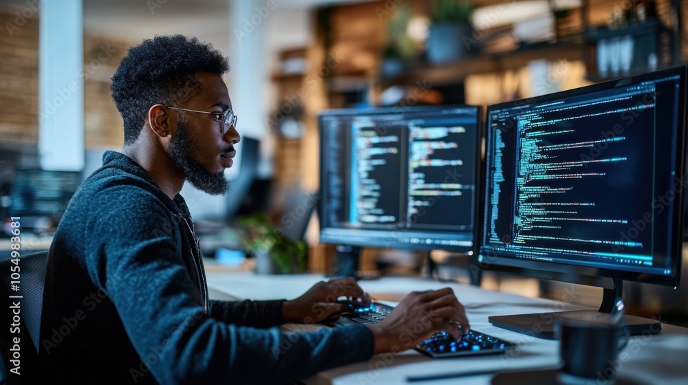 Poster african american developer designing ai systems for a self-learning virtual entity,