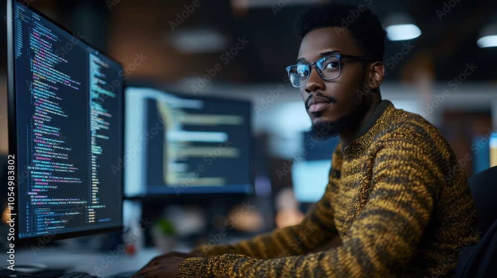 Poster african american network developer building machine learning software for an autonomous