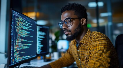 Fototapeta premium African American network developer building machine learning software for an autonomous