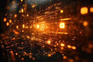 Obraz premium Abstract digital background with glowing icons and data streams.