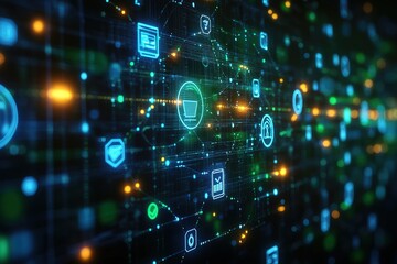 Obraz premium Abstract digital background with glowing icons and lines representing network connections.