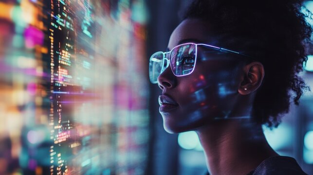 Black programmer working on AI-driven virtual entities, deep in thought as they code