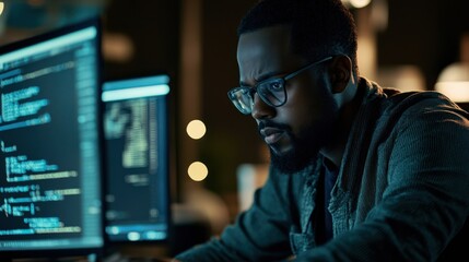 Black software engineer testing machine learning algorithms for an advanced virtual