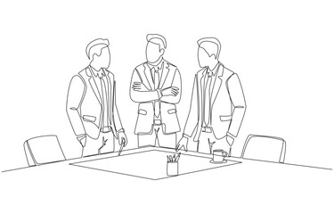 Continuous one line drawing of CEOs discussing mega-project plan, business project discussion concept, single line art.