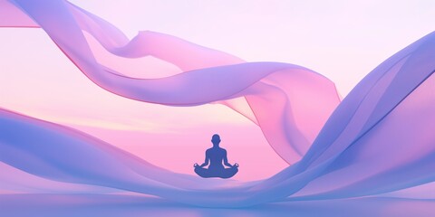 Silhouette meditates surrounded by flowing pastel colored fabric waves