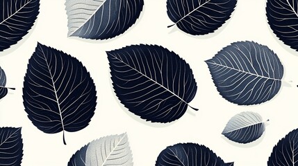 Obraz premium A patterned design featuring various leaves in dark tones on a light background.
