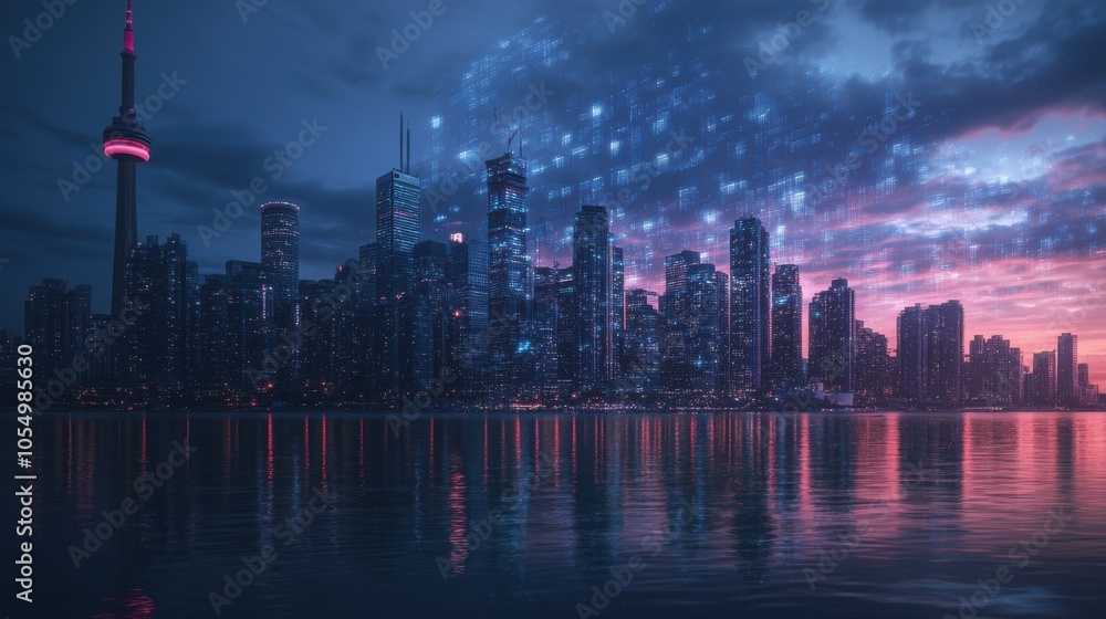 Poster city skyline at twilight with an overlay of generative ai patterns, creating a digital aura