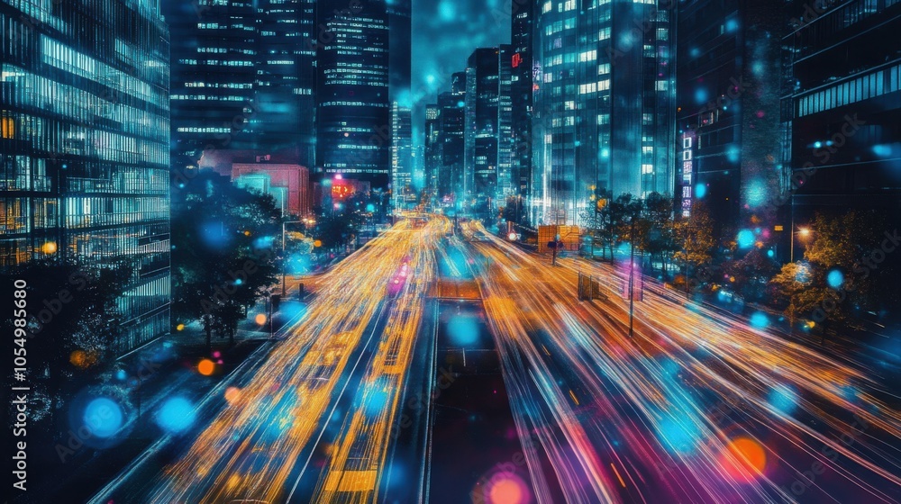 Poster city streets filled with data-driven patterns, representing