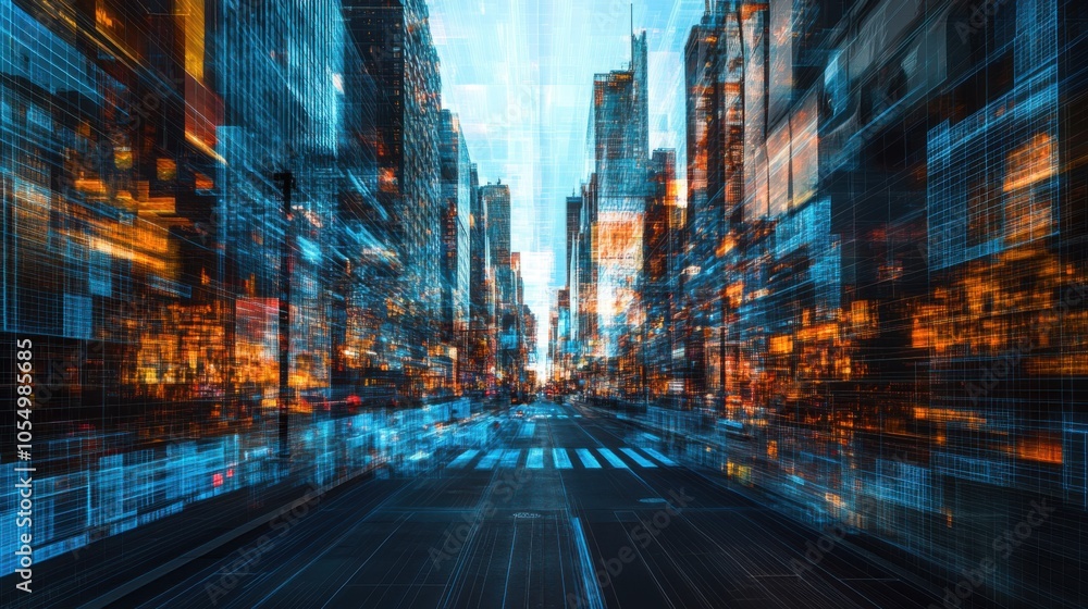 Poster city streets filled with data-driven patterns, representing