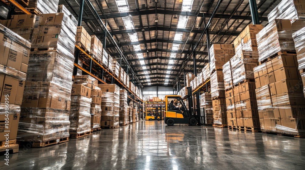 Poster a busy warehouse filled with stacked boxes and a forklift navigating the aisles during daylight hour