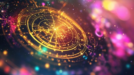 A detailed zodiac wheel illuminated in gold, set against a colorful abstract cosmic background filled with stars and swirls.