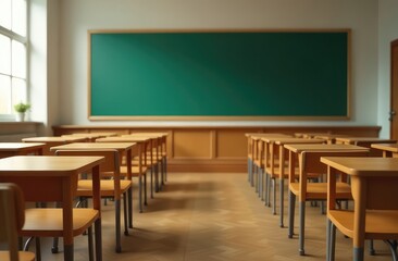 A classroom interior with rows of wooden desks and chairs in focus, a green chalkboard in the background, and a concept of education. 