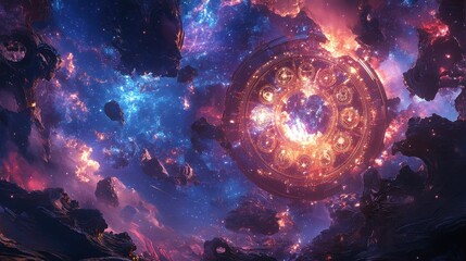 A detailed zodiac wheel with all twelve signs, set against an abstract cosmic background of swirling galaxies and stars.