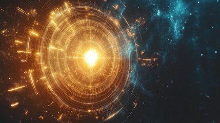 Fototapeta premium A dynamic zodiac wheel glowing in space, each sign illuminated on a cosmic, abstract background.